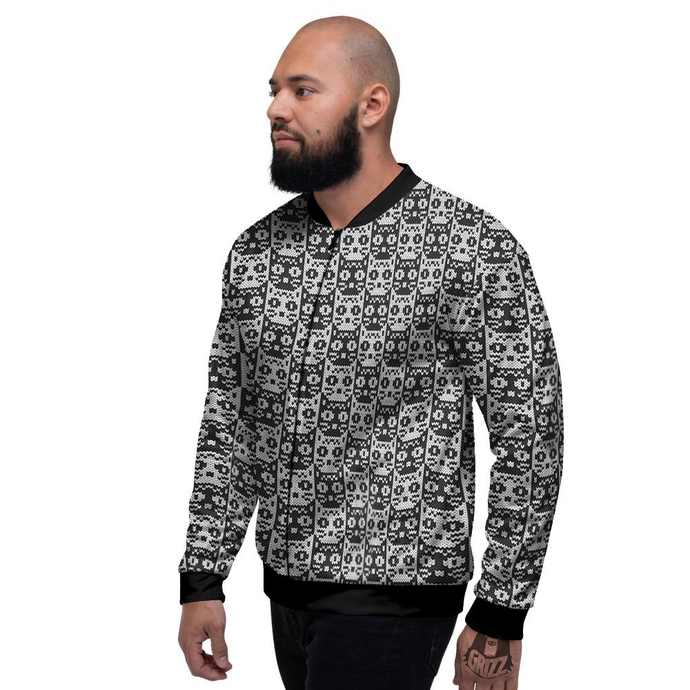 Knitted Black Cat Print Pattern Men's Bomber Jacket-grizzshop