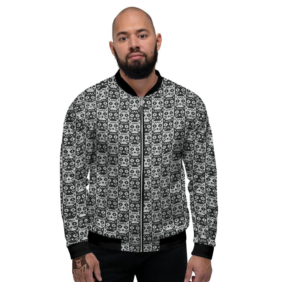 Knitted Black Cat Print Pattern Men's Bomber Jacket-grizzshop