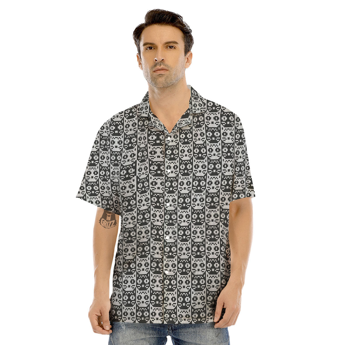 Knitted Black Cat Print Pattern Men's Hawaiian Shirt-grizzshop