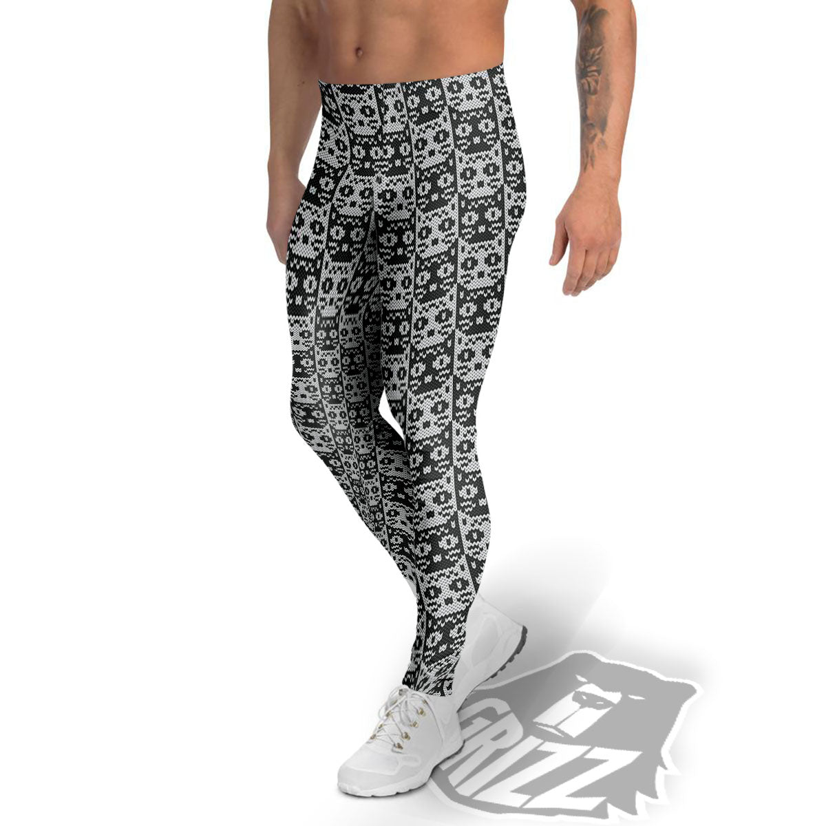 Knitted Black Cat Print Pattern Men's Leggings-grizzshop