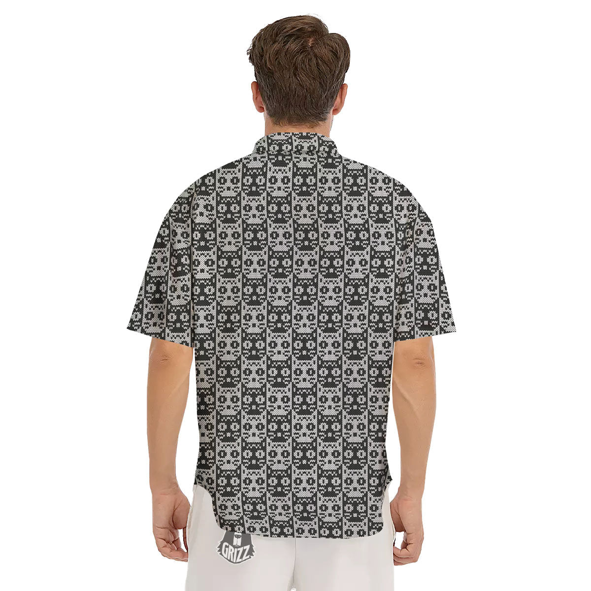 Knitted Black Cat Print Pattern Men's Short Sleeve Shirts-grizzshop