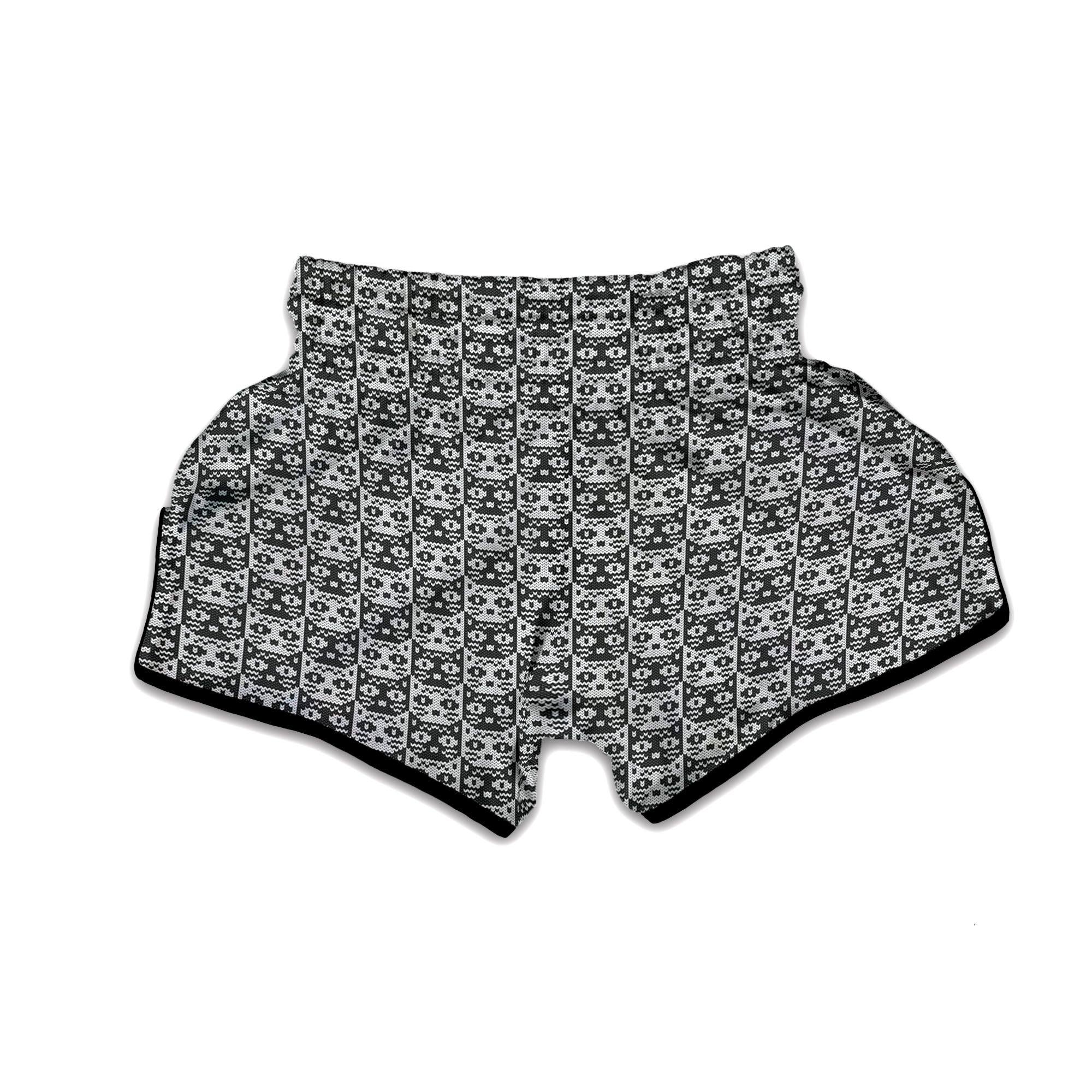 Knitted Black Cat Print Pattern Muay Thai Boxing Shorts-grizzshop