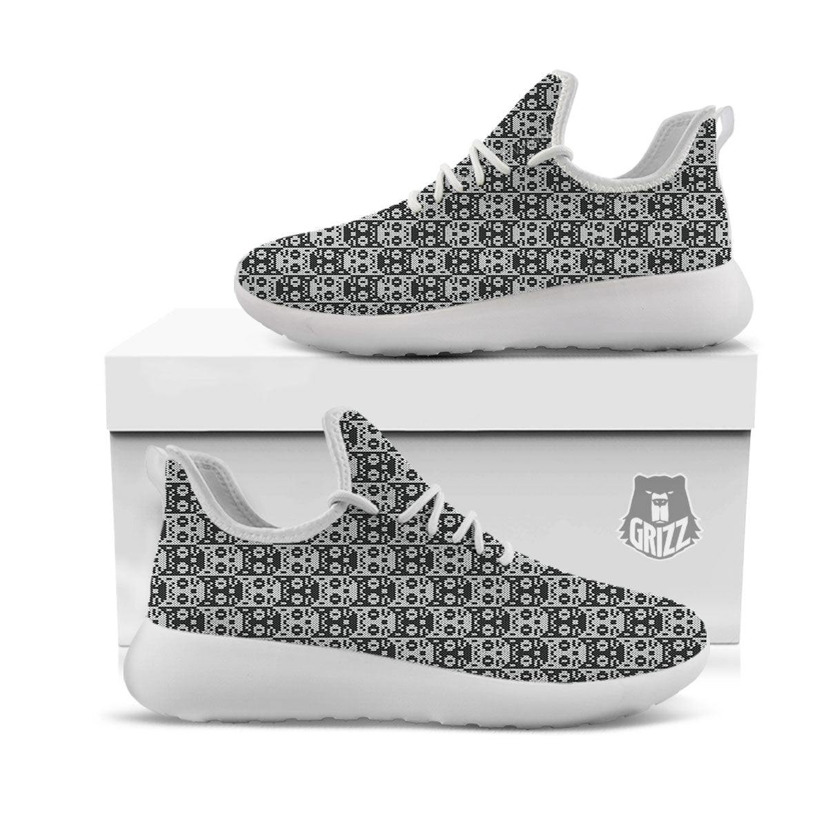 Knitted Black Cat Print Pattern White Athletic Shoes-grizzshop