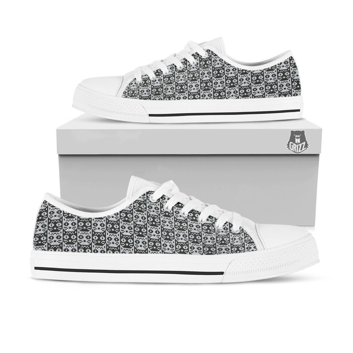 Knitted Black Cat Print Pattern White Low Top Shoes-grizzshop