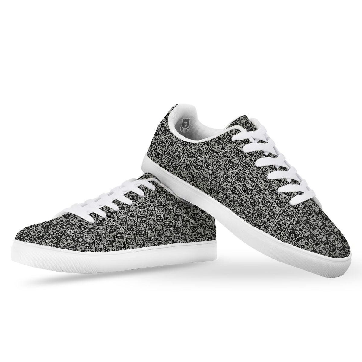 Knitted Black Cat Print Pattern White Low Top Sneakers-grizzshop