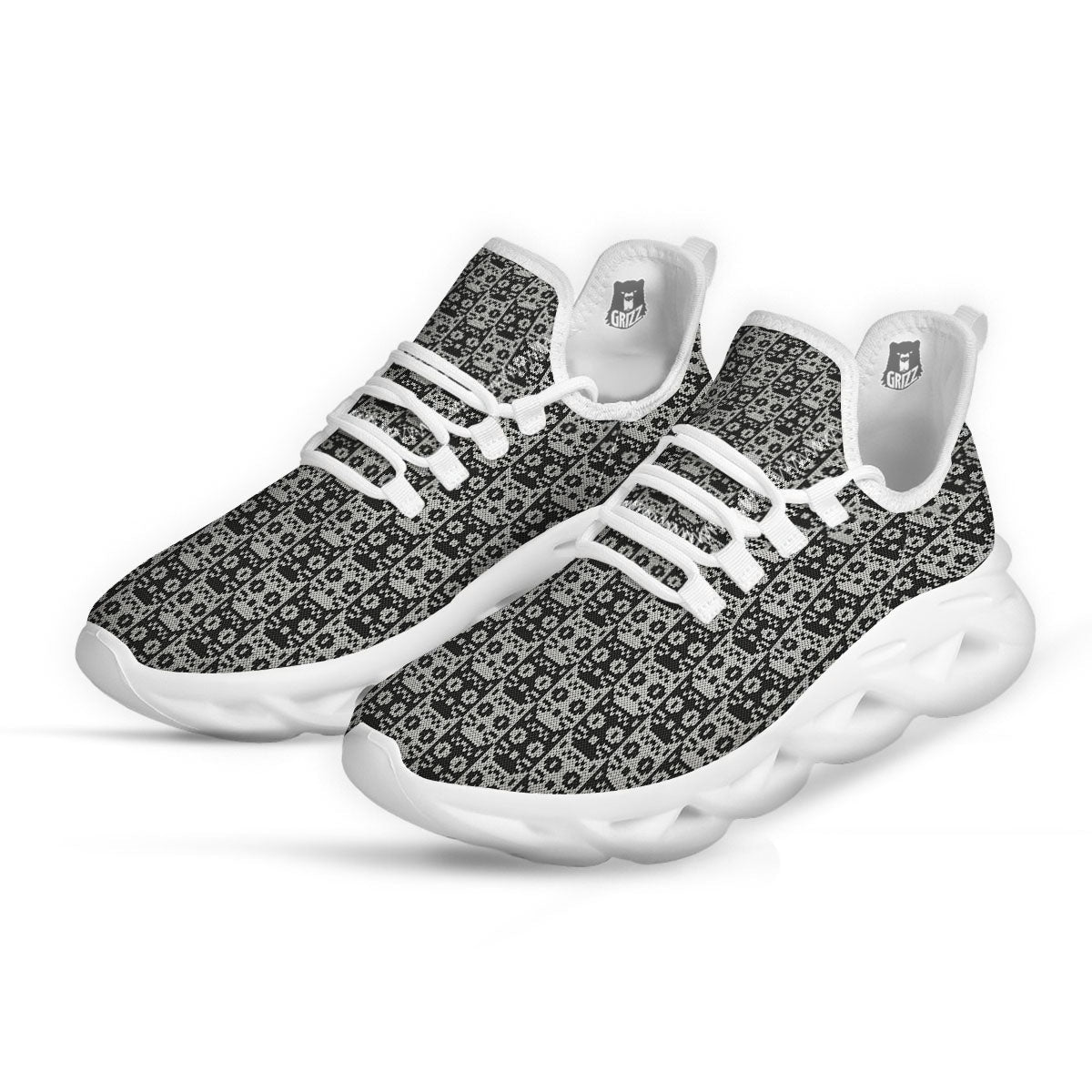 Knitted Black Cat Print Pattern White Running Shoes-grizzshop