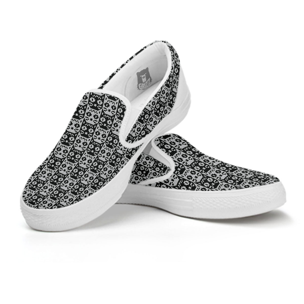 Knitted Black Cat Print Pattern White Slip On Shoes-grizzshop