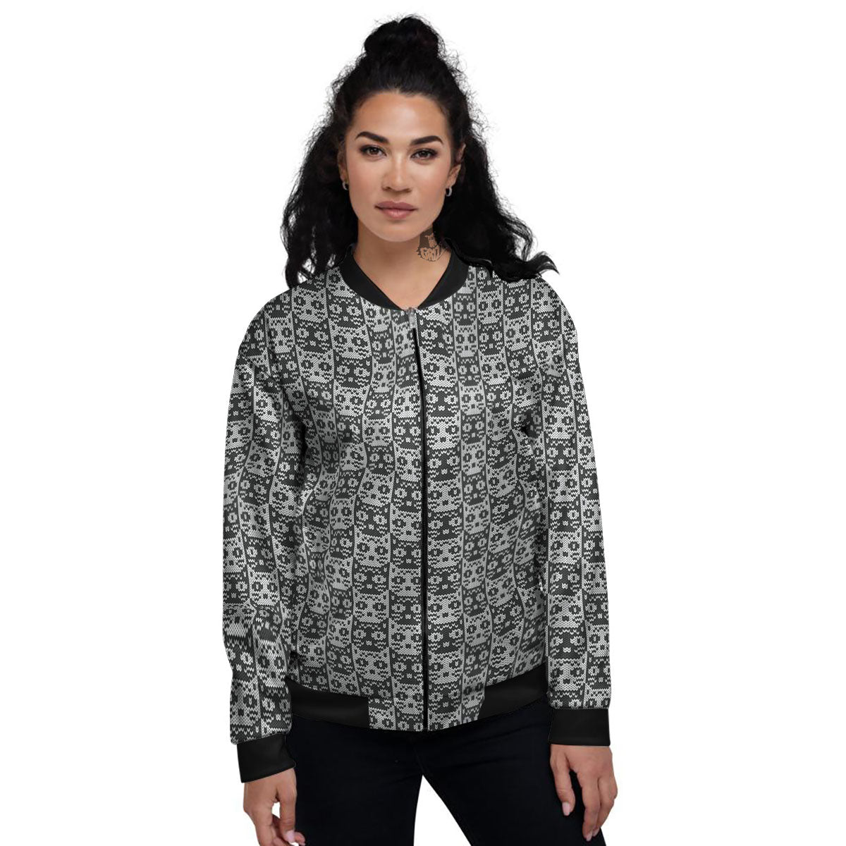 Knitted Black Cat Print Pattern Women's Bomber Jacket-grizzshop