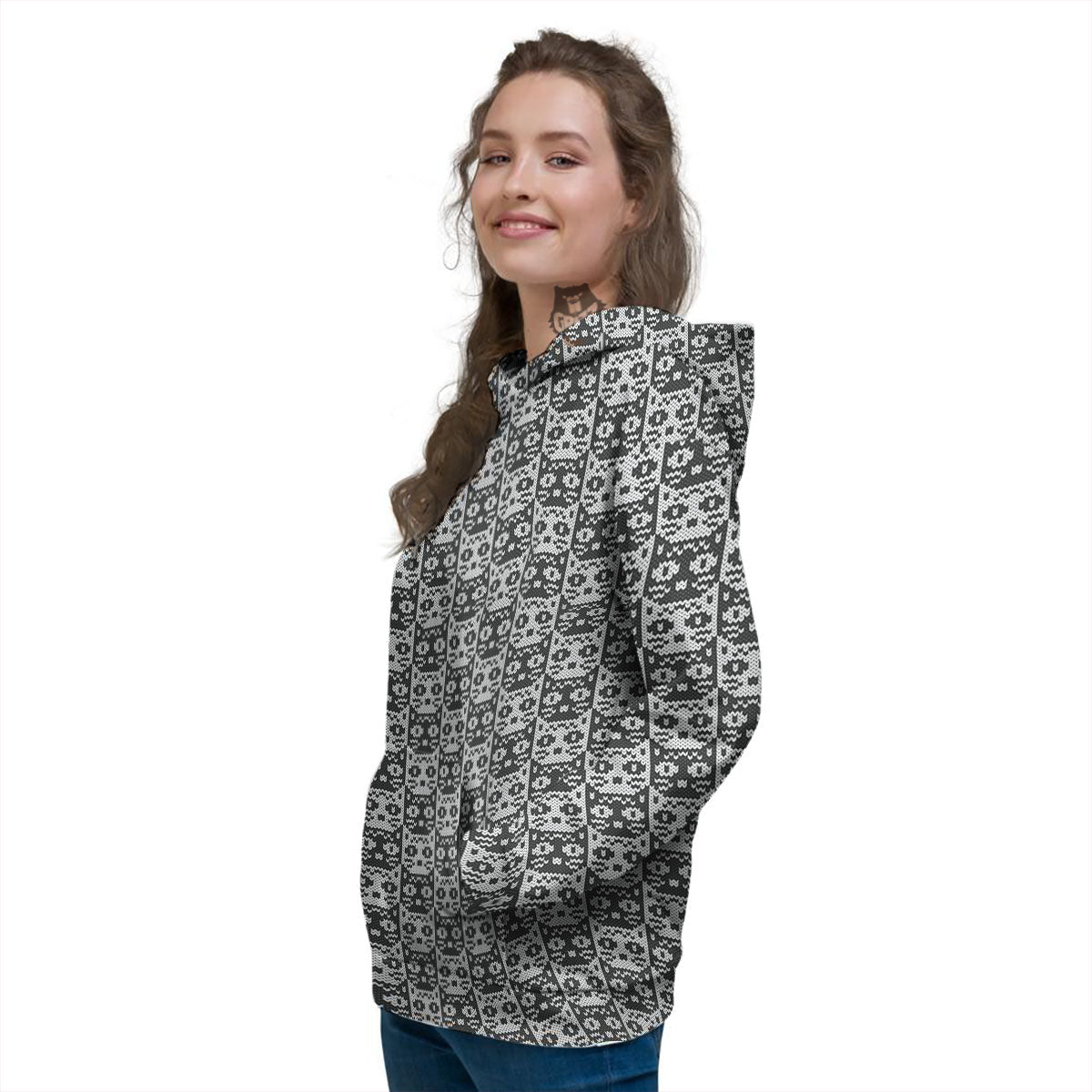 Knitted Black Cat Print Pattern Women's Hoodie-grizzshop