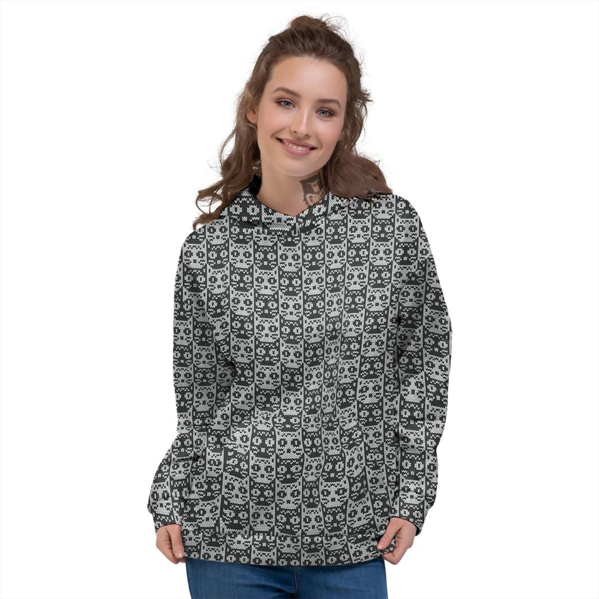 Knitted Black Cat Print Pattern Women's Hoodie-grizzshop