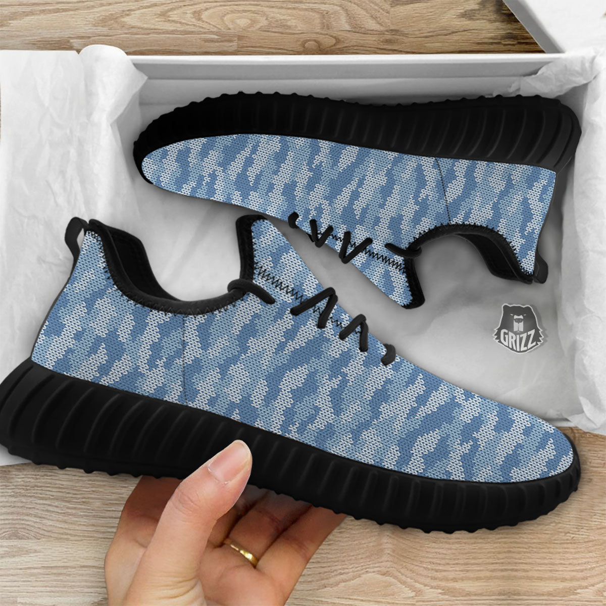 Knitted Blue Camouflage Print Pattern Black Walking Shoes-grizzshop