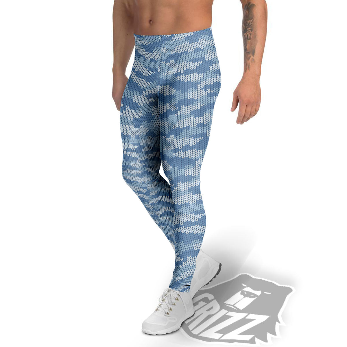 Knitted Blue Camouflage Print Pattern Men's Leggings-grizzshop