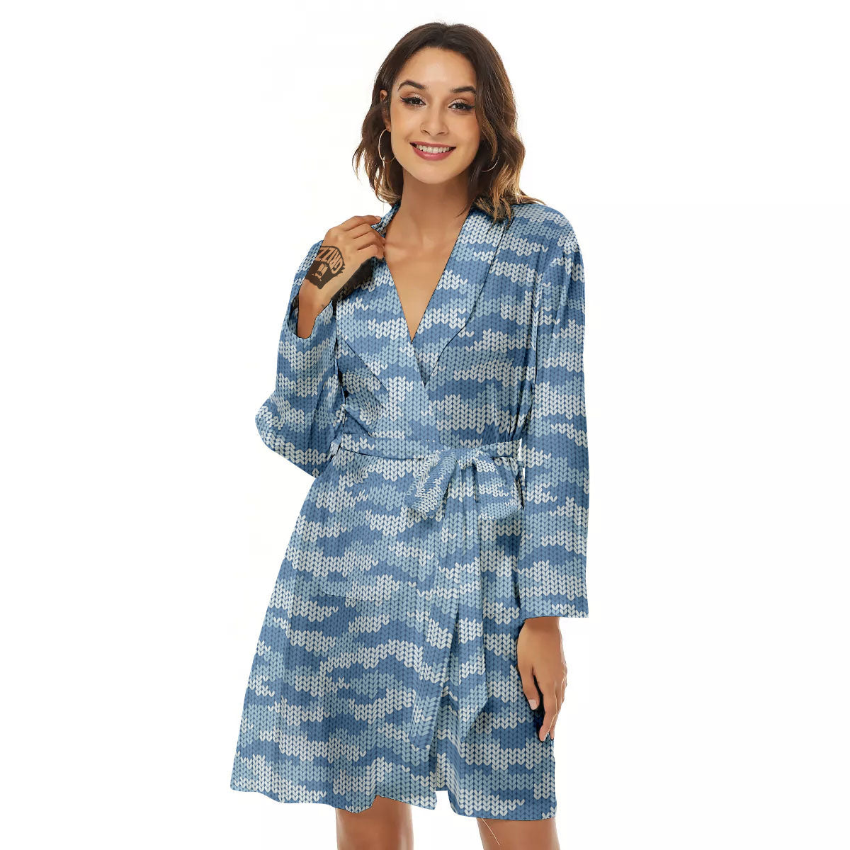 Knitted Blue Camouflage Print Pattern Women's Robe-grizzshop