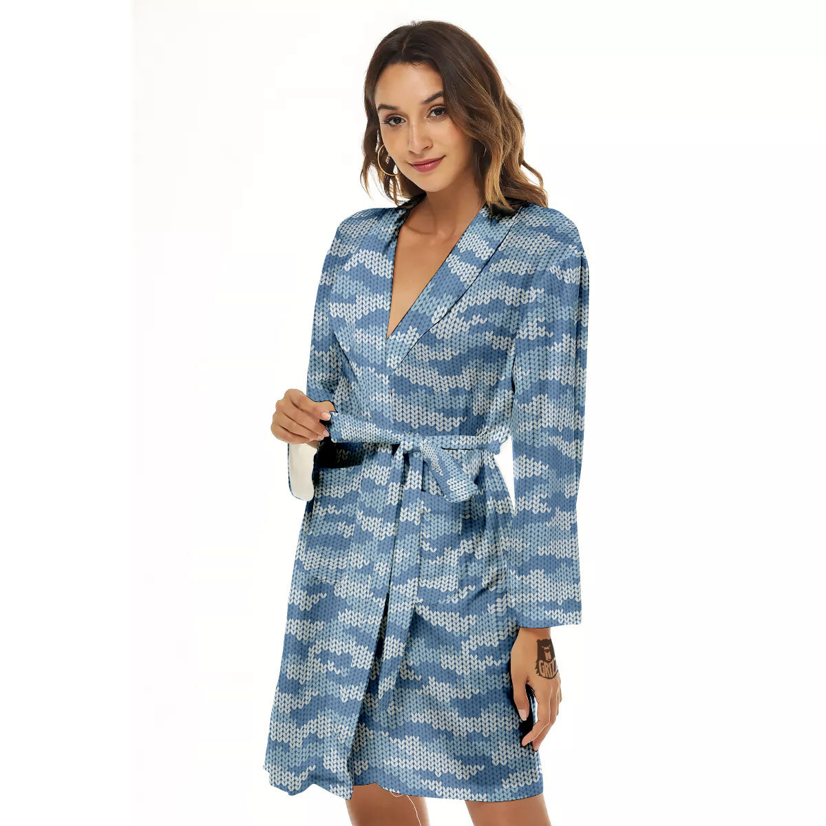 Knitted Blue Camouflage Print Pattern Women's Robe-grizzshop