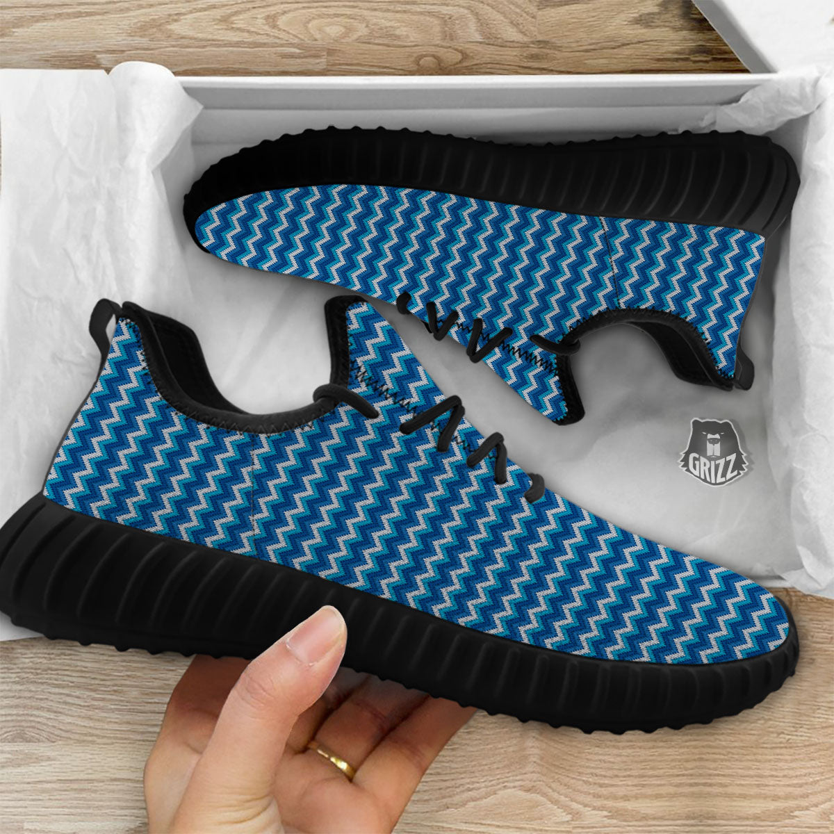 Knitted Blue Chevron Print Pattern Black Walking Shoes-grizzshop