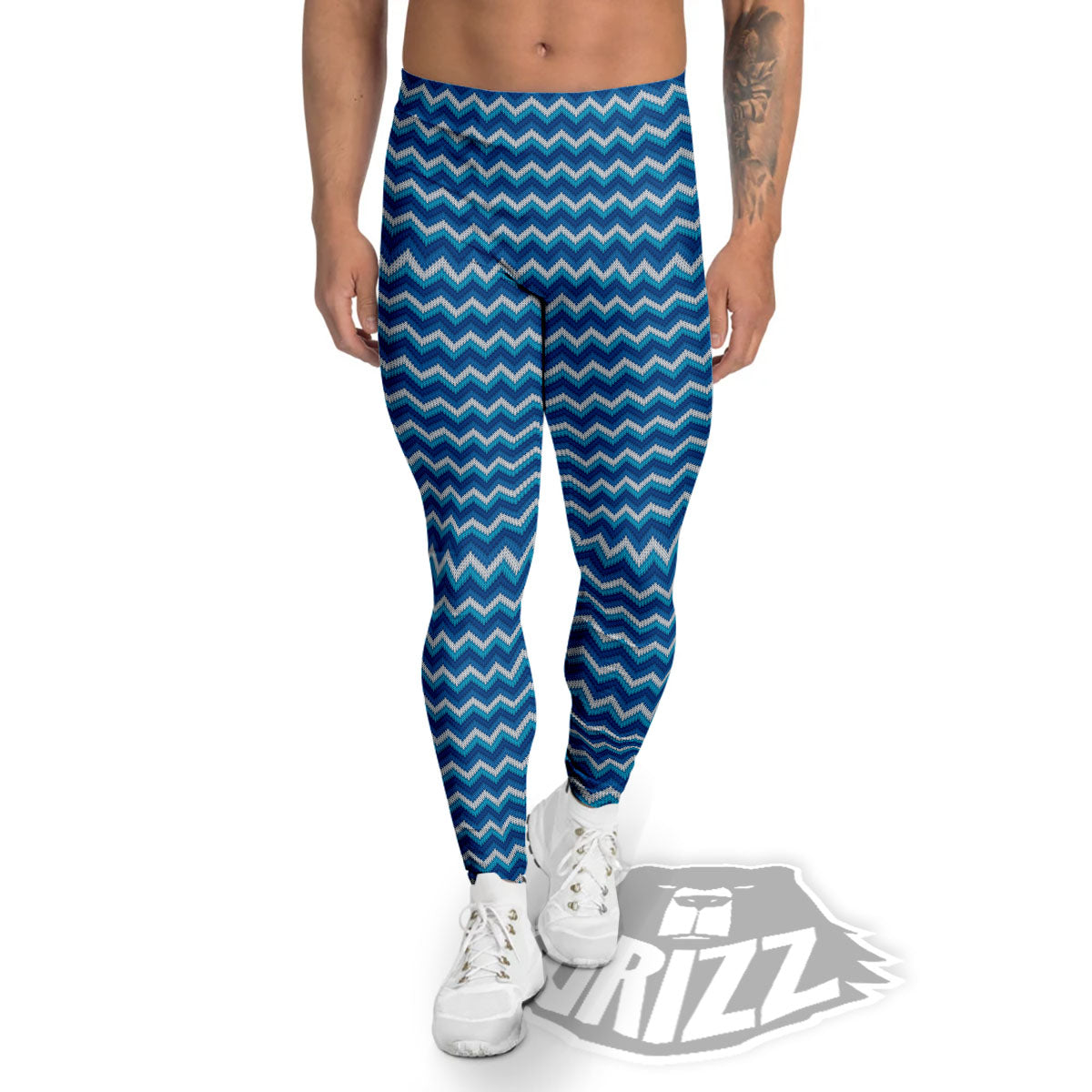Knitted Blue Chevron Print Pattern Men's Leggings-grizzshop