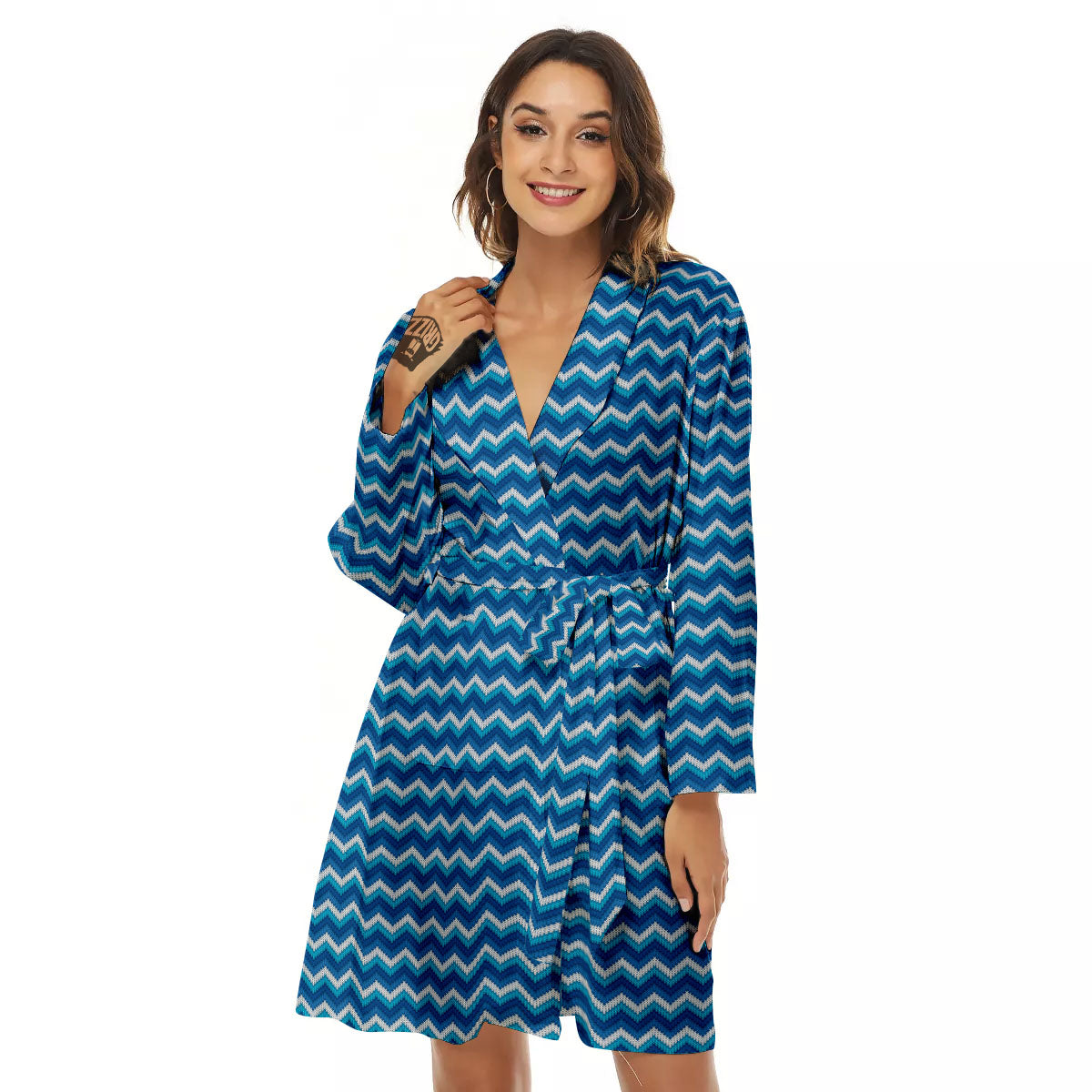 Knitted Blue Chevron Print Pattern Women's Robe-grizzshop