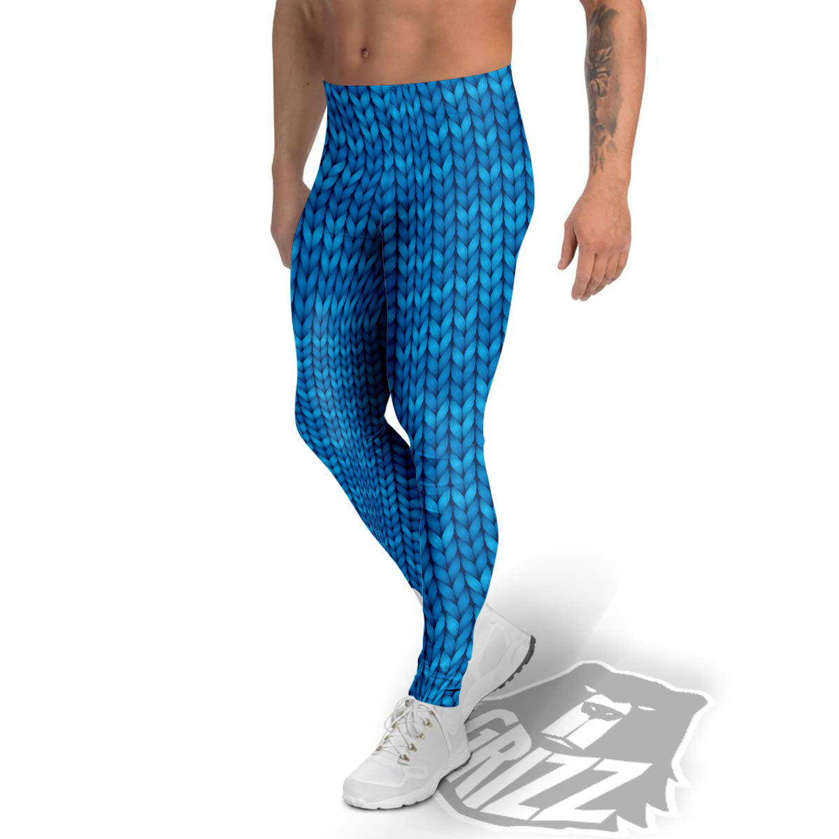 Knitted Blue Print Pattern Men's Leggings-grizzshop