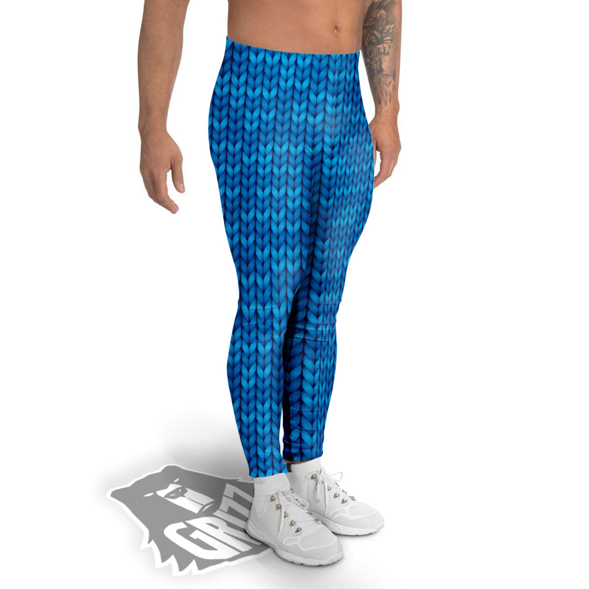Knitted Blue Print Pattern Men's Leggings-grizzshop