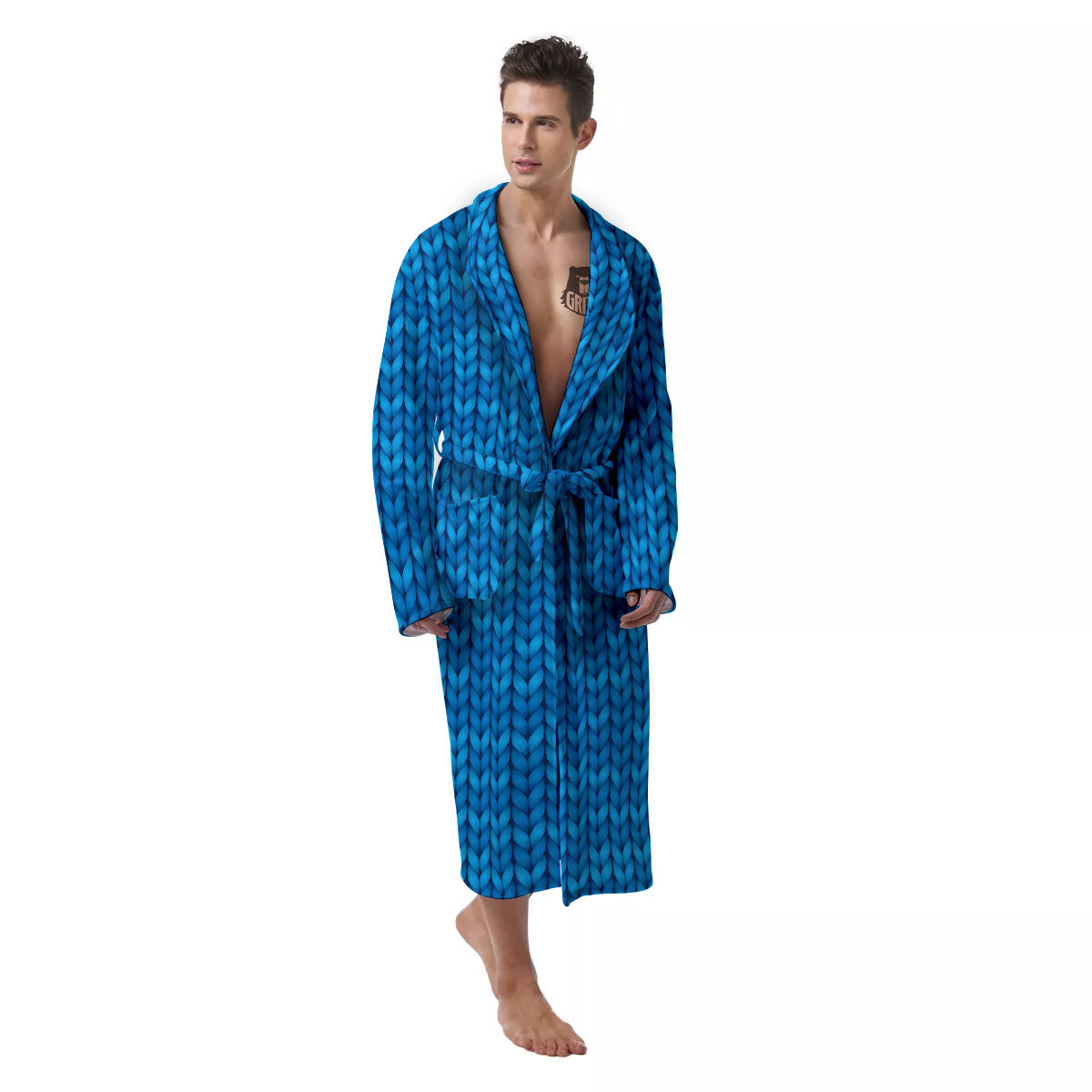 Knitted Blue Print Pattern Men's Robe-grizzshop