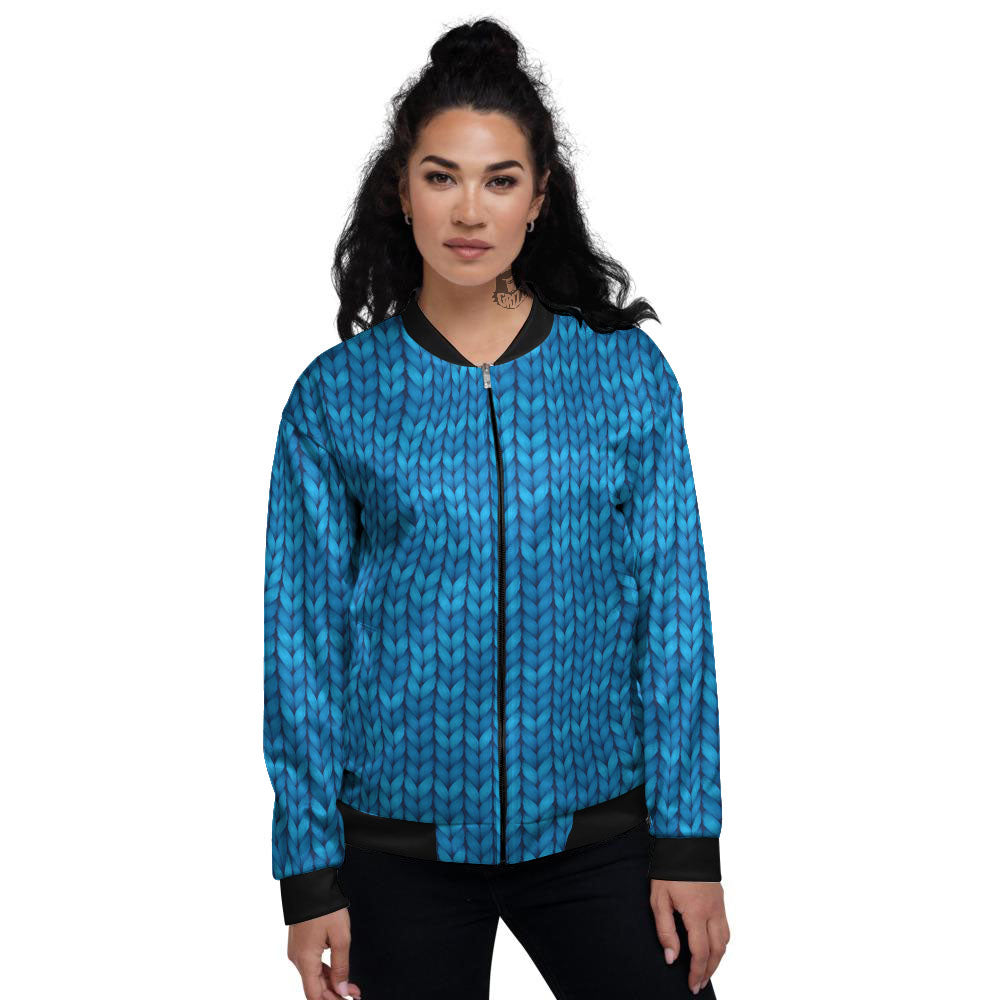Knitted Blue Print Pattern Women's Bomber Jacket-grizzshop