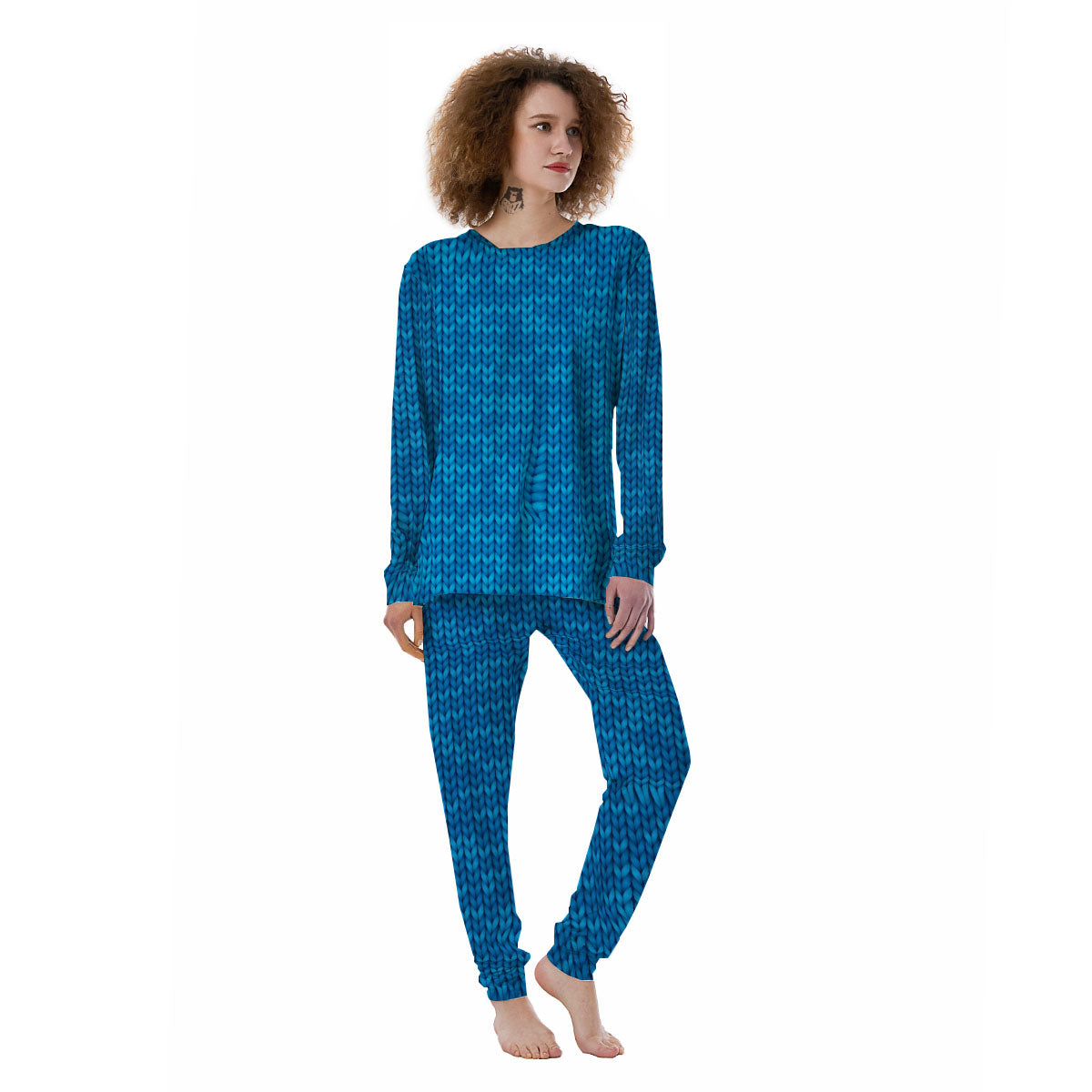 Knitted Blue Print Pattern Women's Pajamas-grizzshop