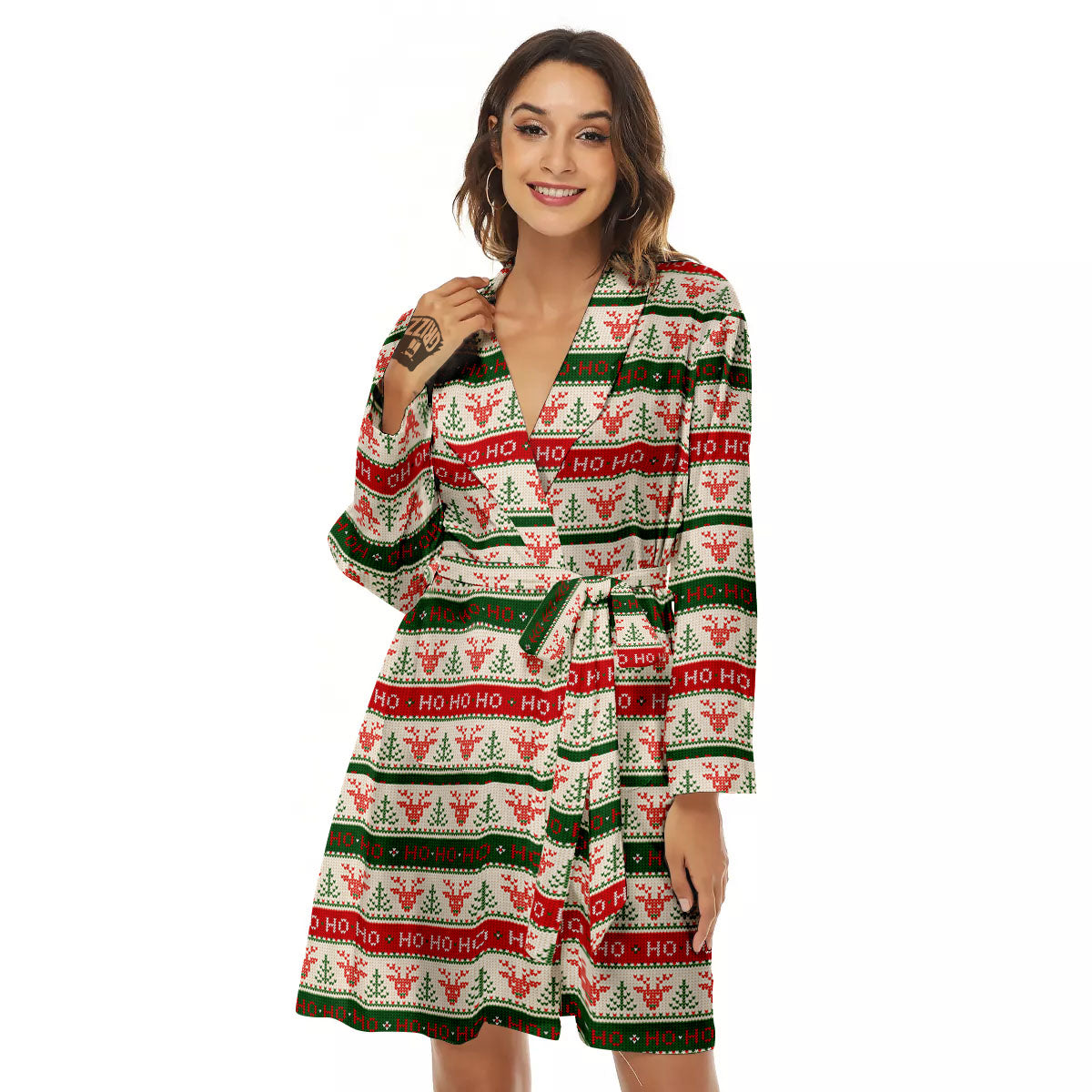 Knitted Christmas Print Pattern Women's Robe-grizzshop