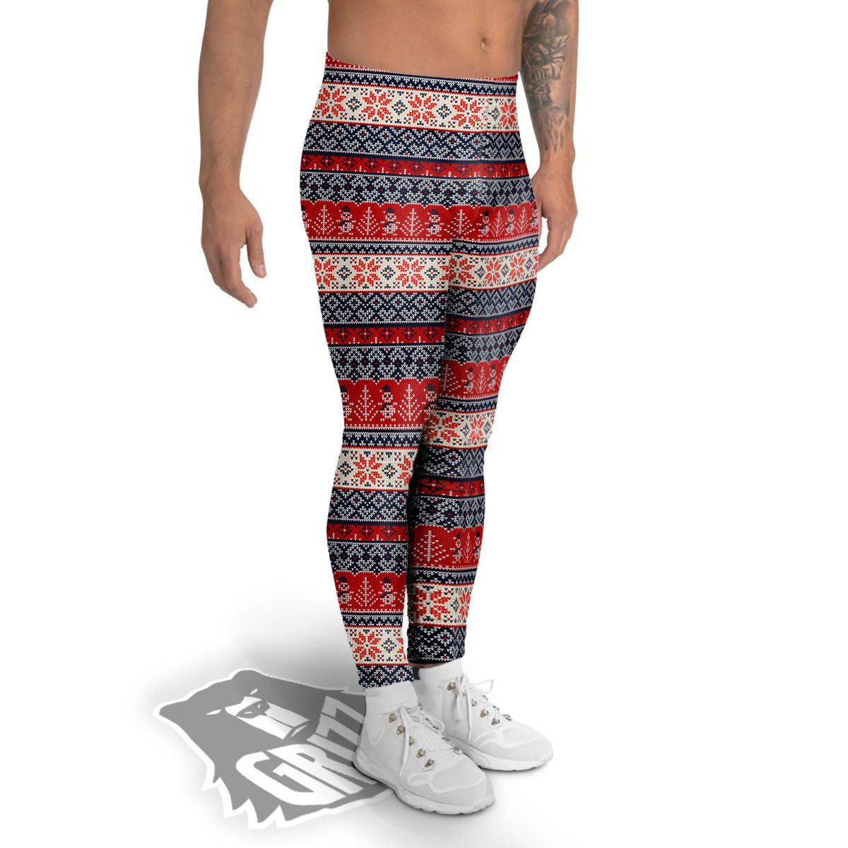 Knitted Christmas Snowman Print Pattern Men's Leggings-grizzshop
