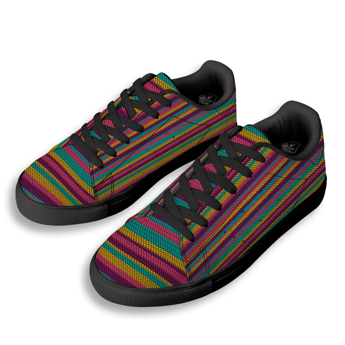 Knitted Colorful Print Pattern Black Low Top Sneakers-grizzshop
