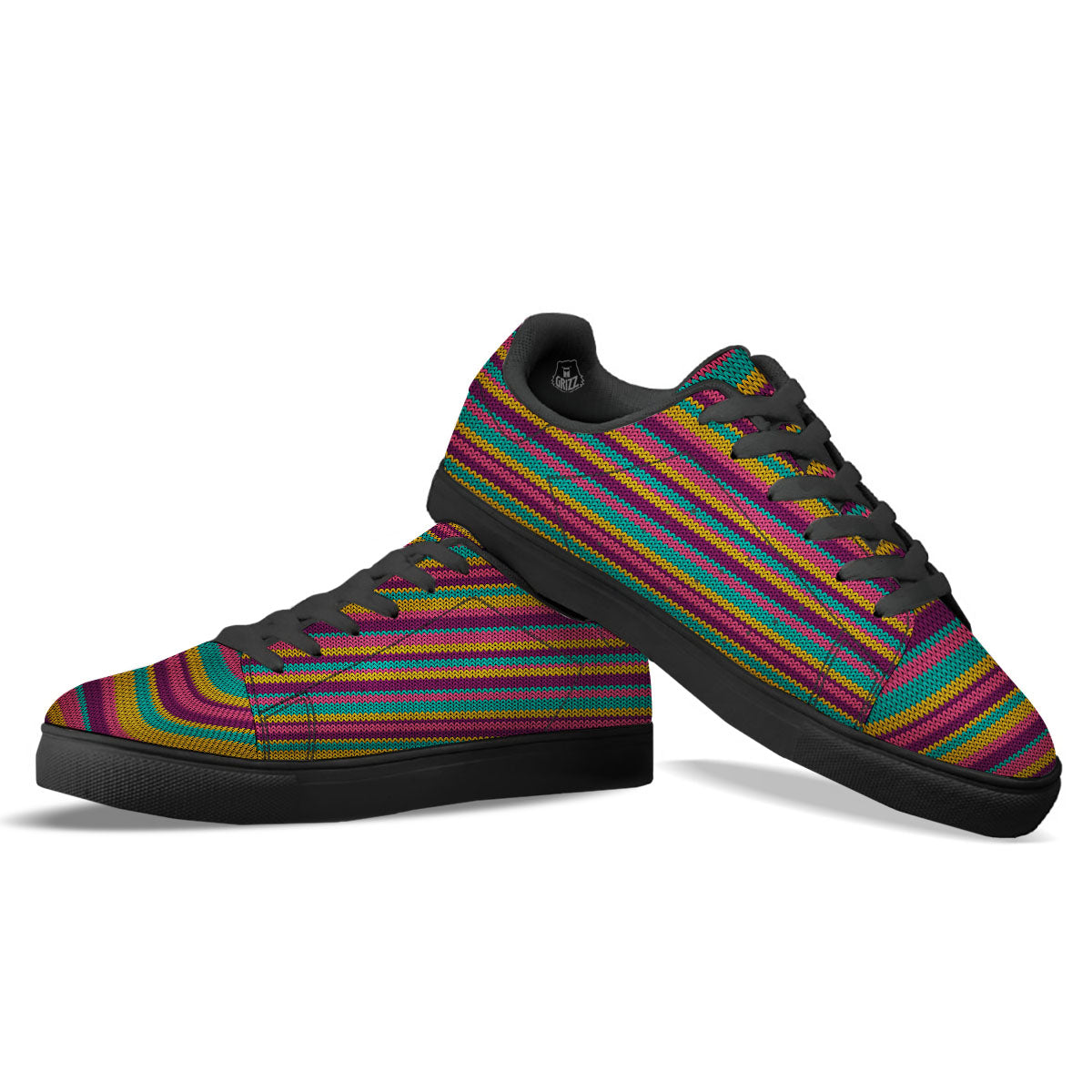 Knitted Colorful Print Pattern Black Low Top Sneakers-grizzshop