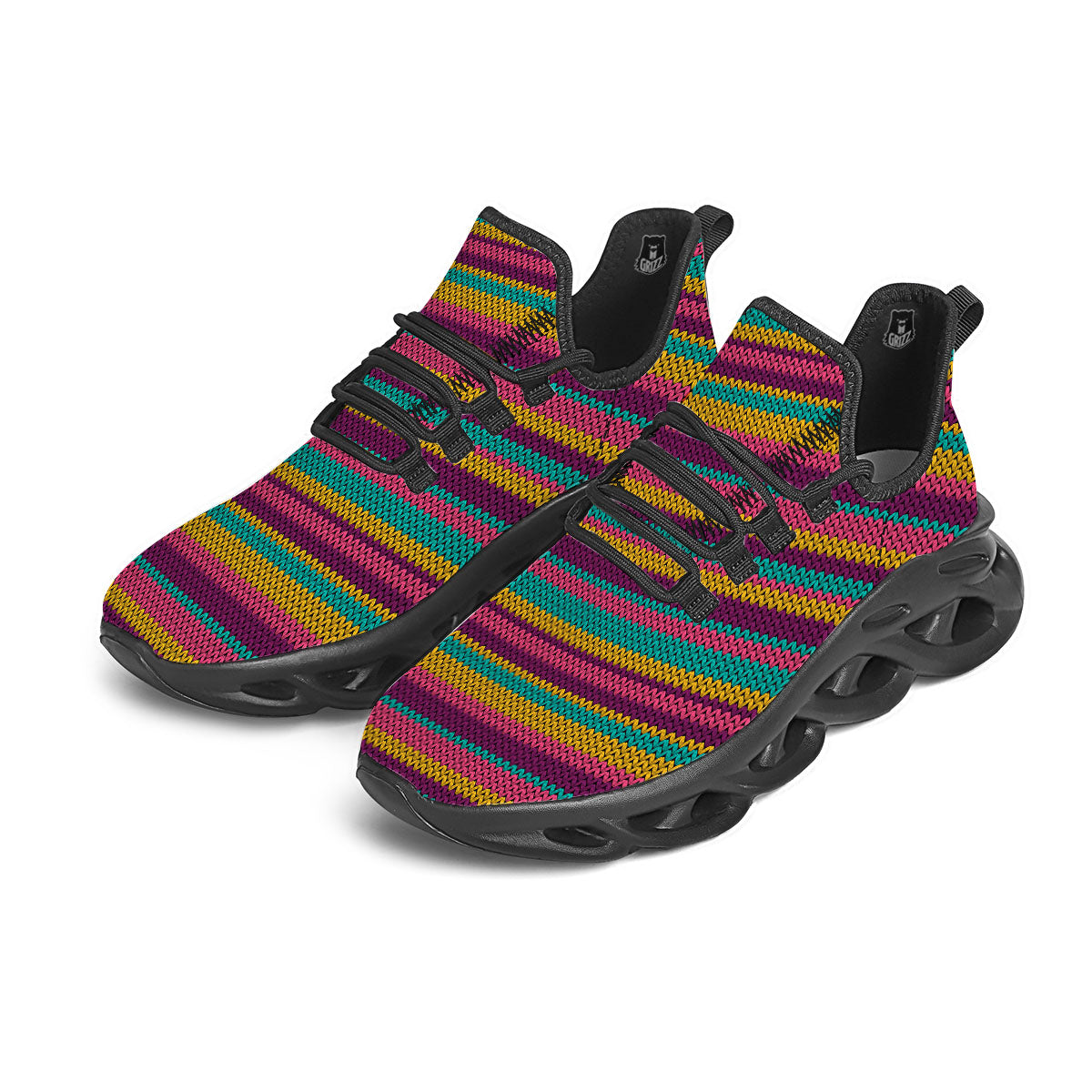 Knitted Colorful Print Pattern Black Running Shoes-grizzshop