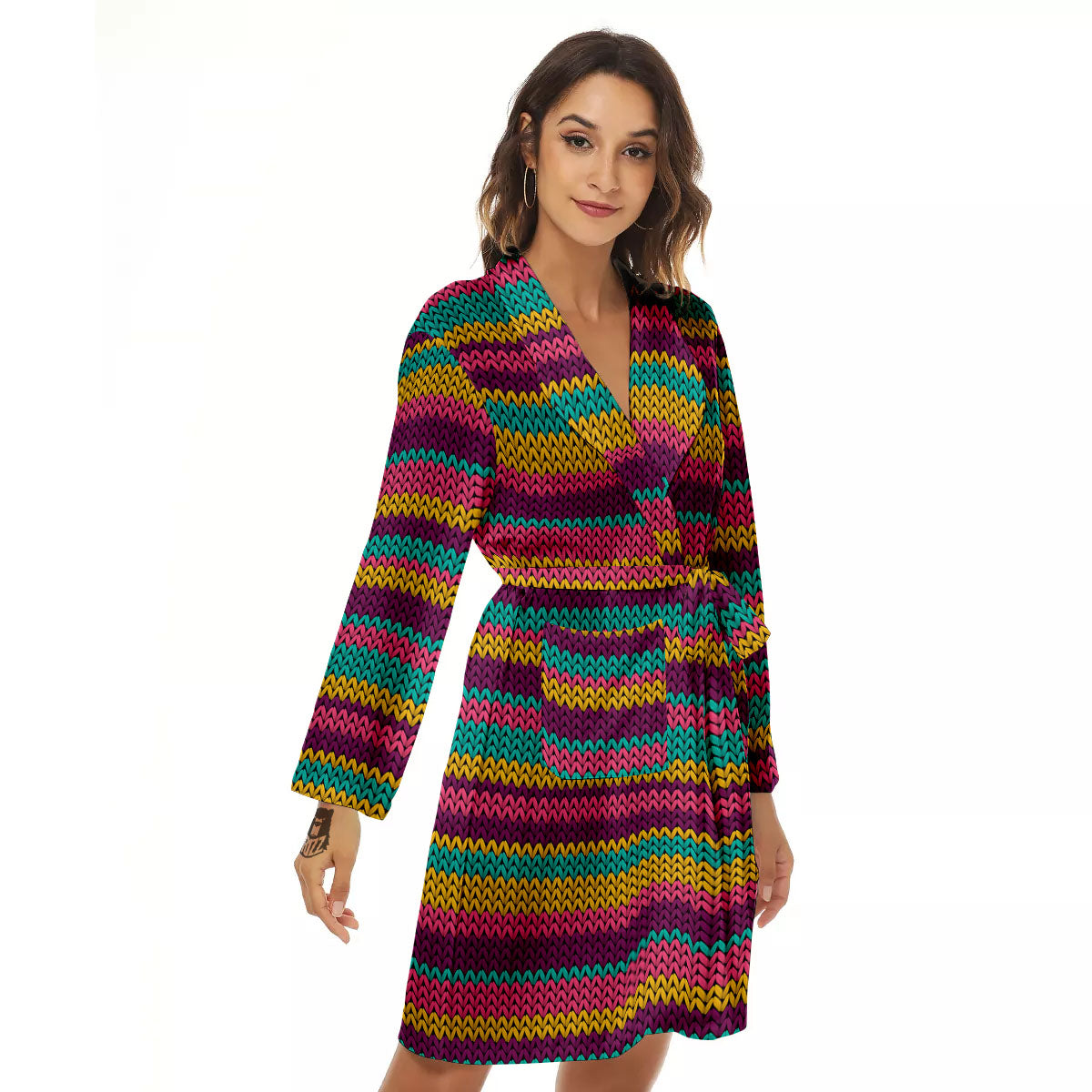 Knitted Colorful Print Pattern Women's Robe-grizzshop