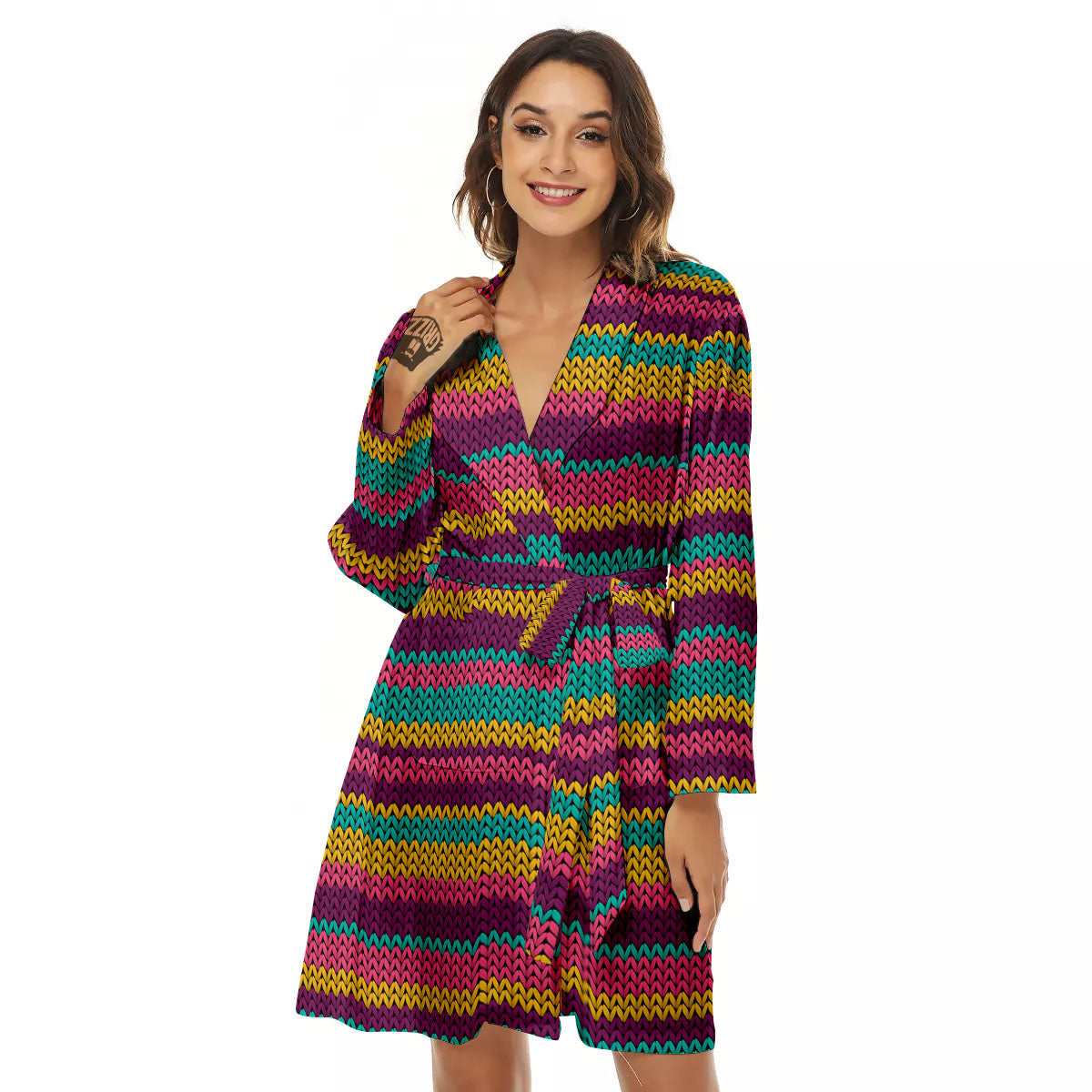 Knitted Colorful Print Pattern Women's Robe-grizzshop