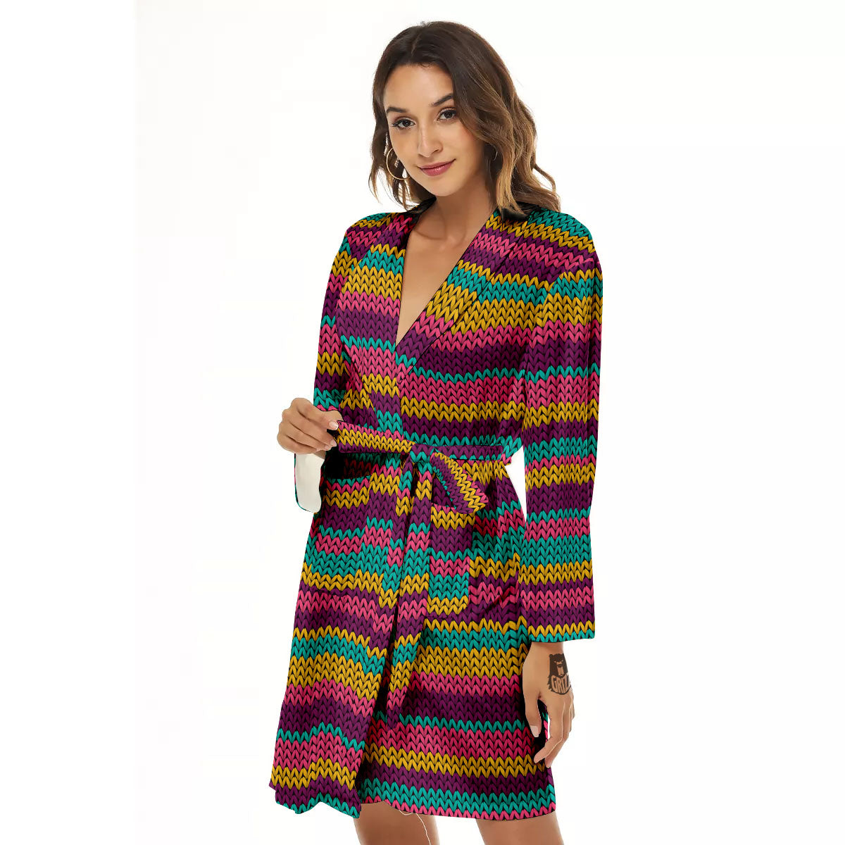Knitted Colorful Print Pattern Women's Robe-grizzshop