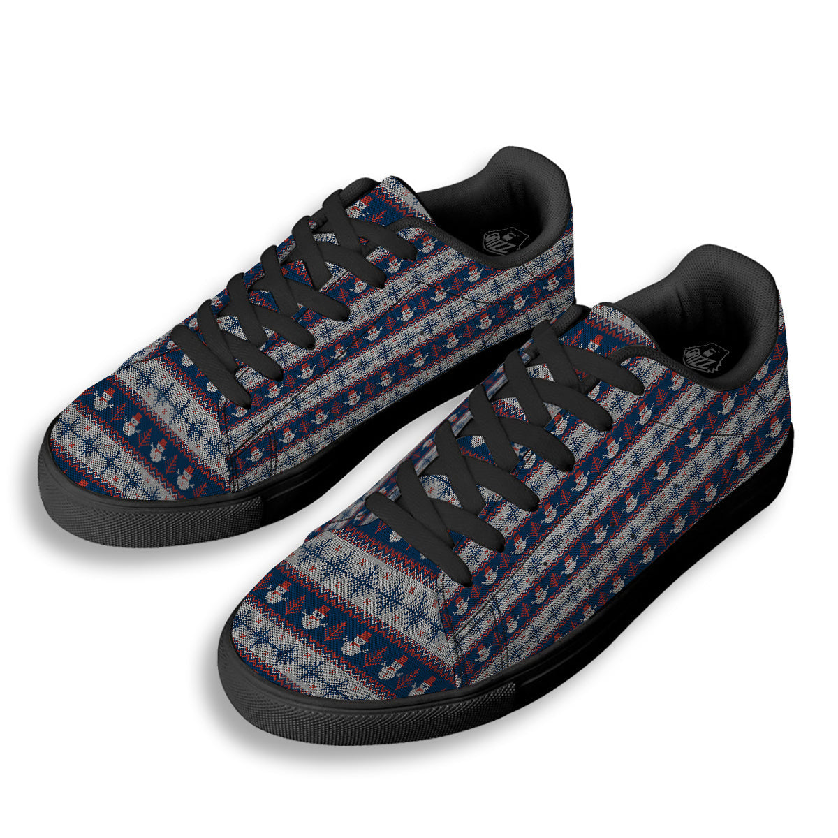 Knitted Cute Snowman Print Pattern Black Low Top Sneakers-grizzshop