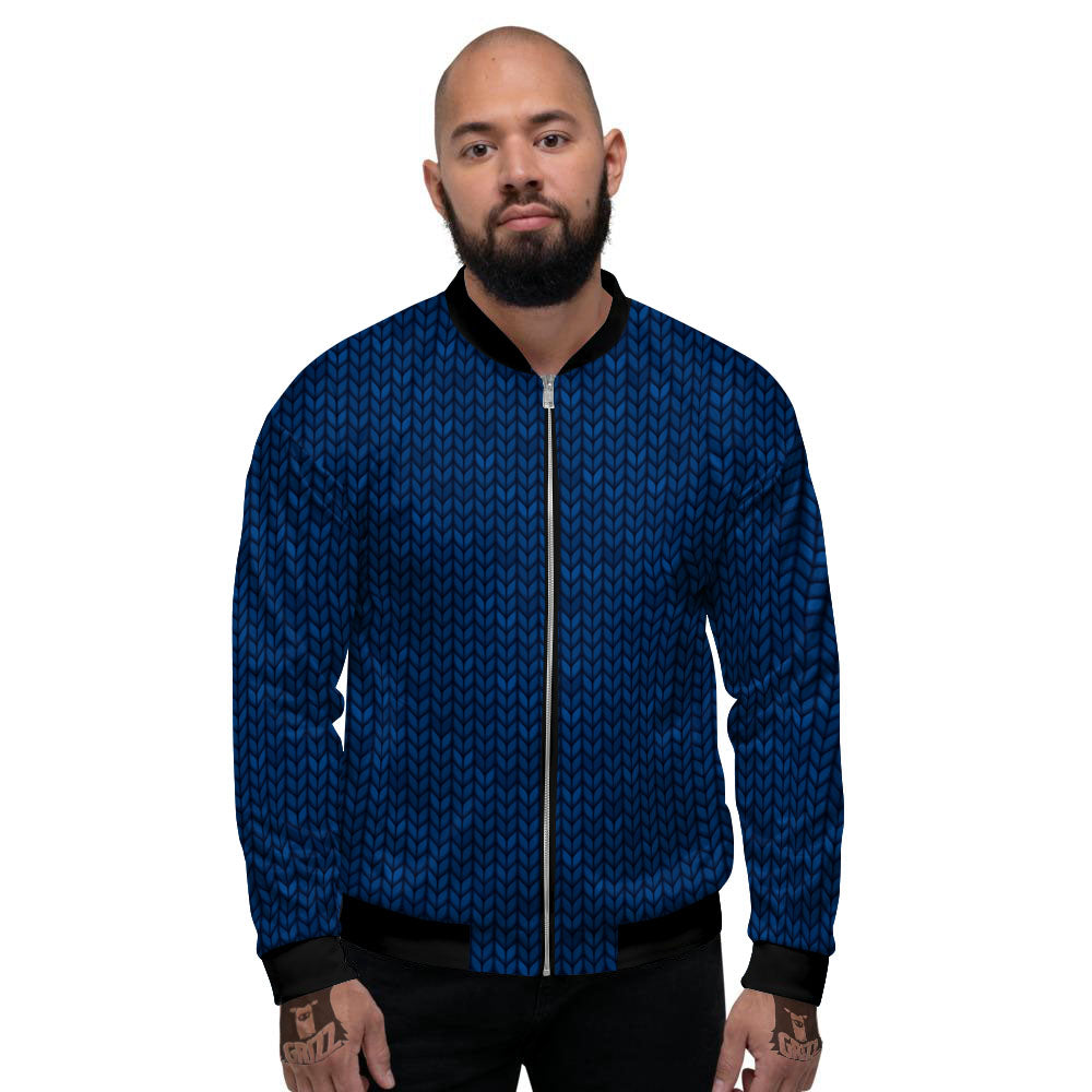 Knitted Deep Blue Print Pattern Men's Bomber Jacket-grizzshop