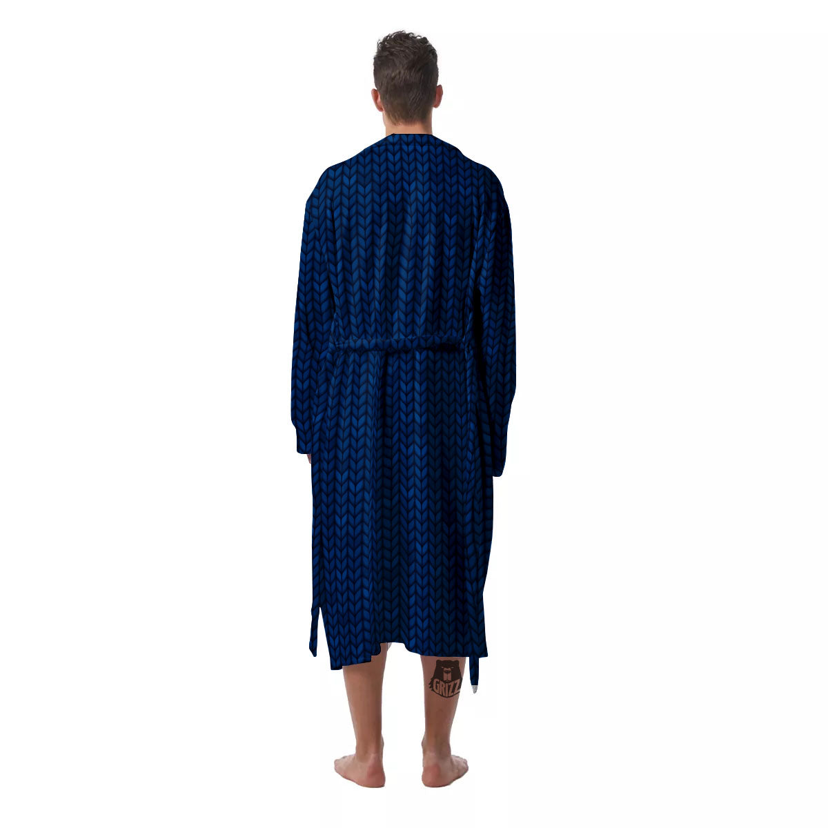 Knitted Deep Blue Print Pattern Men's Robe-grizzshop