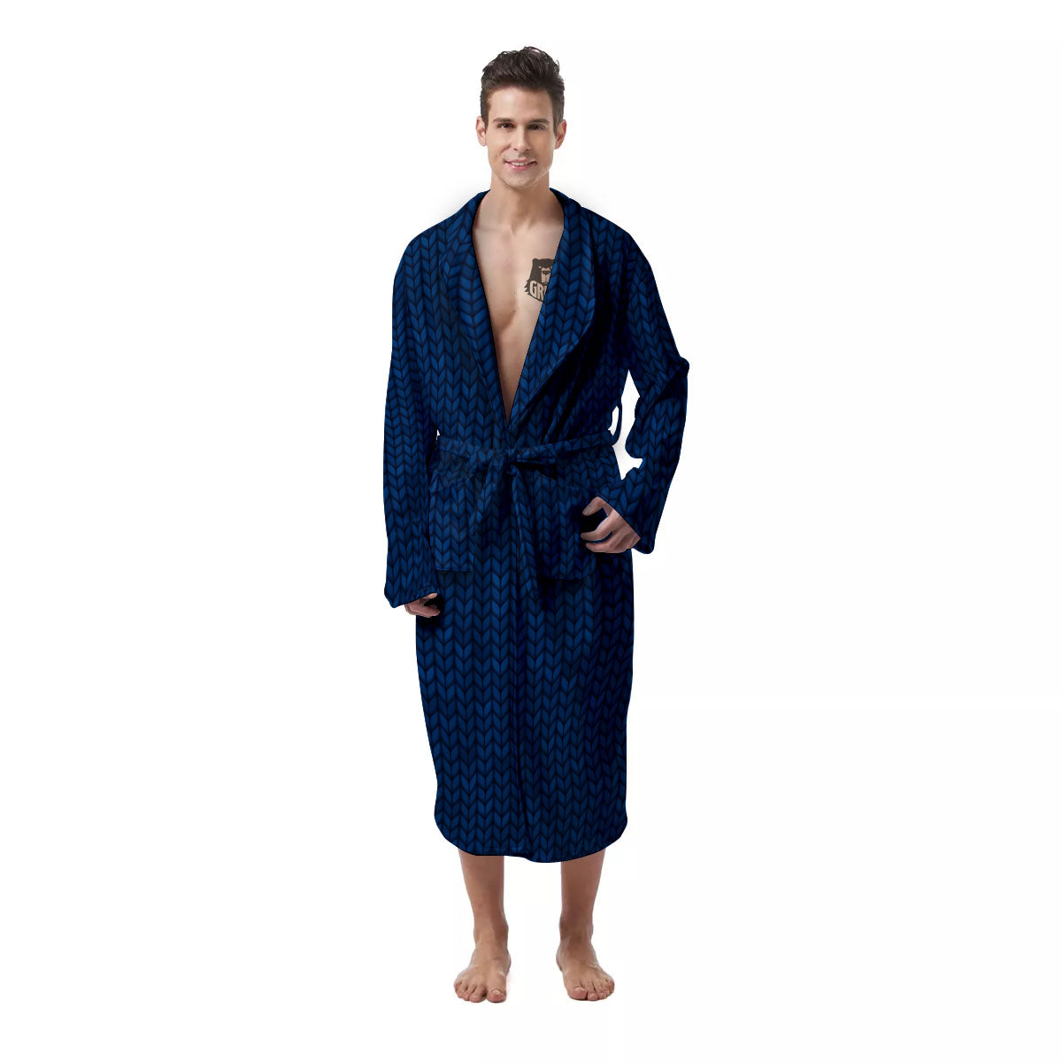 Knitted Deep Blue Print Pattern Men's Robe-grizzshop