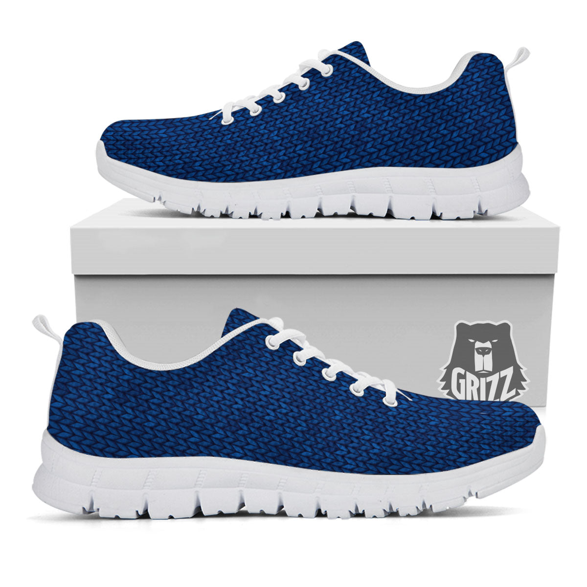 Knitted Deep Blue Print Pattern White Sneaker-grizzshop