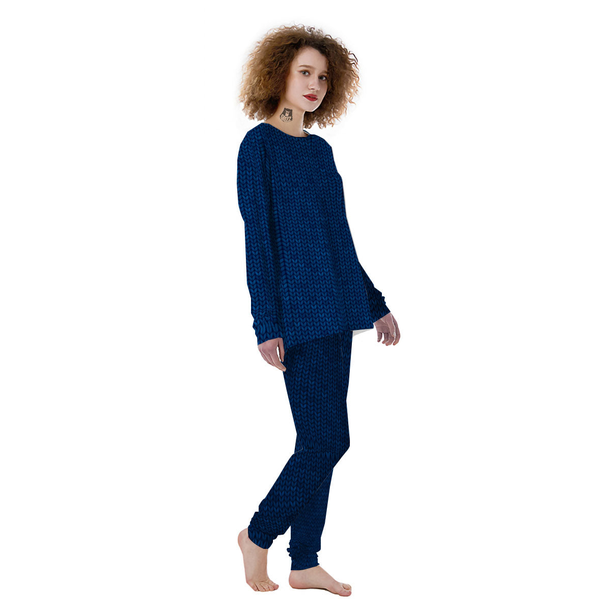 Knitted Deep Blue Print Pattern Women's Pajamas-grizzshop