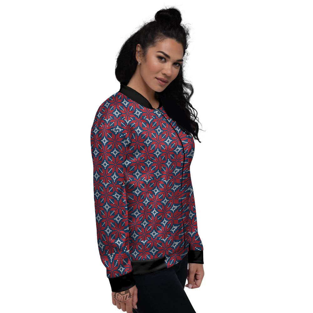 Knitted Flower Print Pattern Women's Bomber Jacket-grizzshop