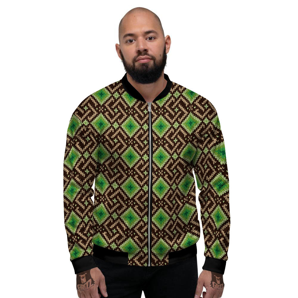 Knitted Geometric Print Pattern Men's Bomber Jacket-grizzshop