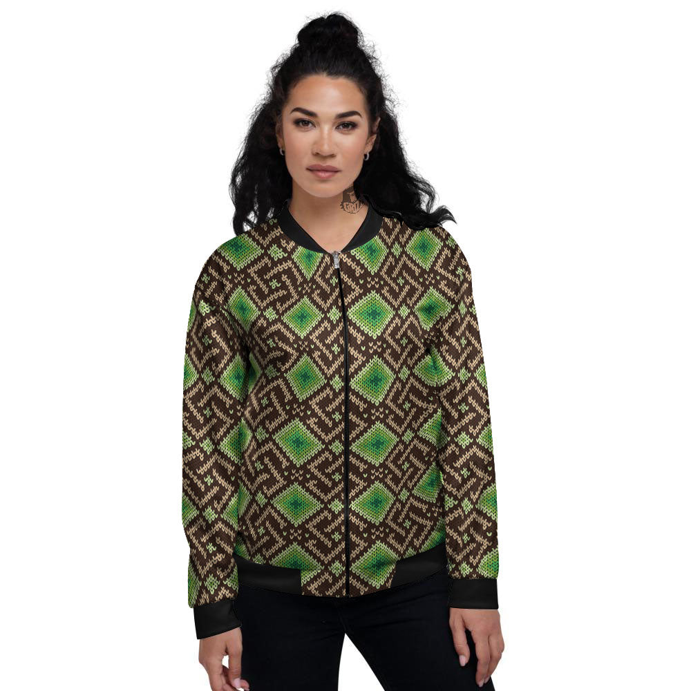 Knitted Geometric Print Pattern Women's Bomber Jacket-grizzshop