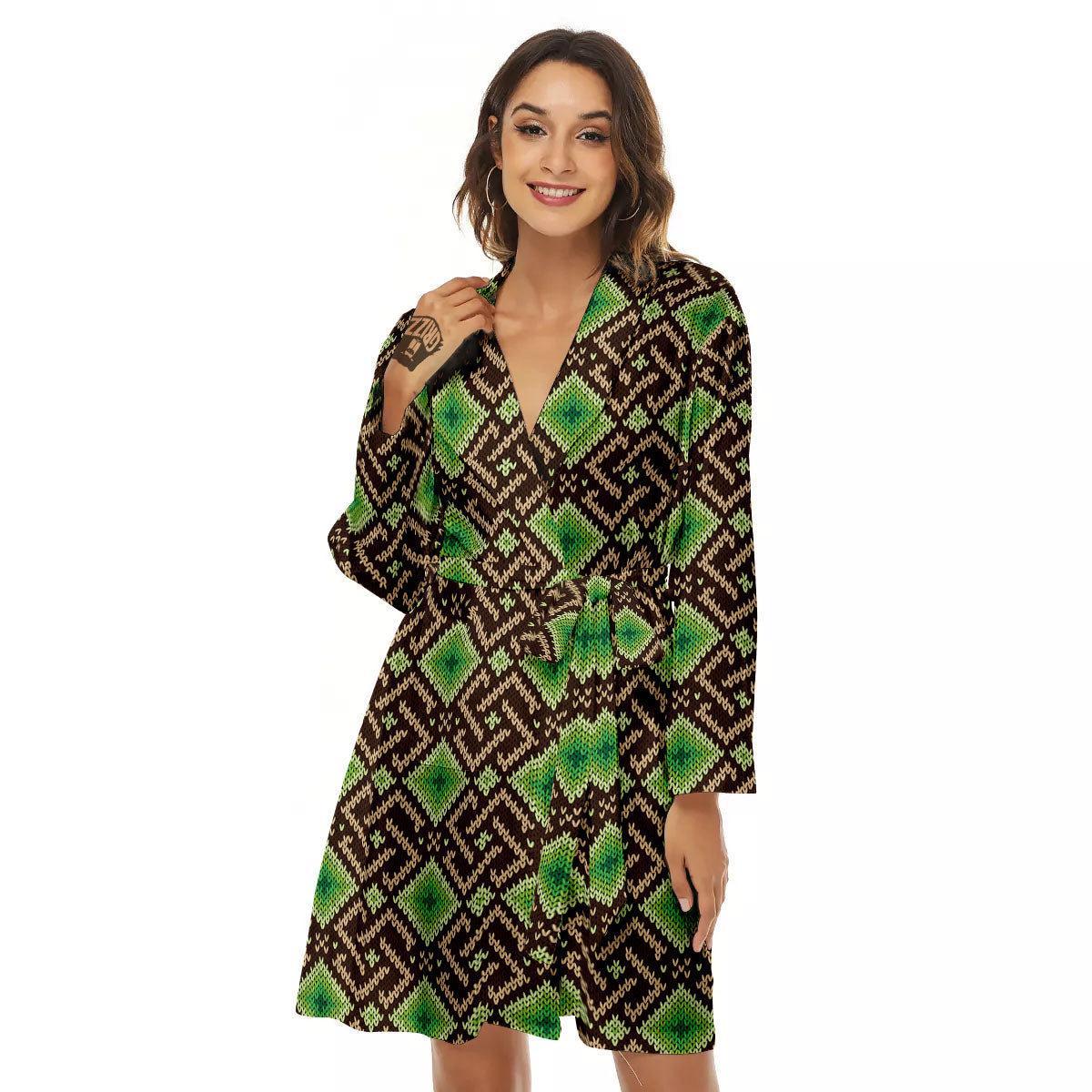 Knitted Geometric Print Pattern Women's Robe-grizzshop