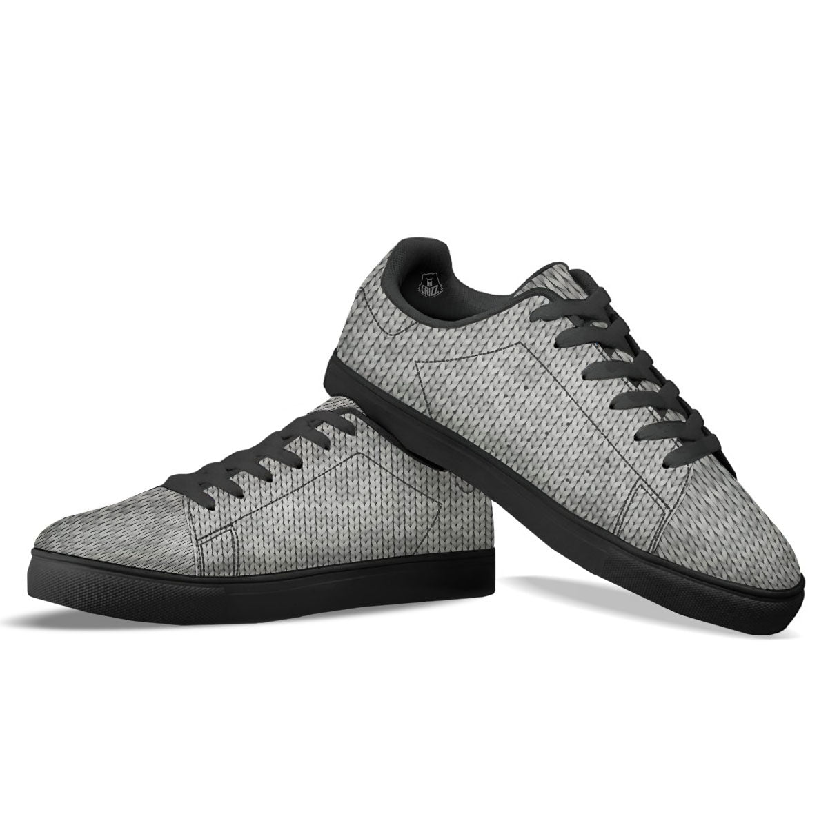 Knitted Grey Print Pattern Black Low Top Sneakers-grizzshop