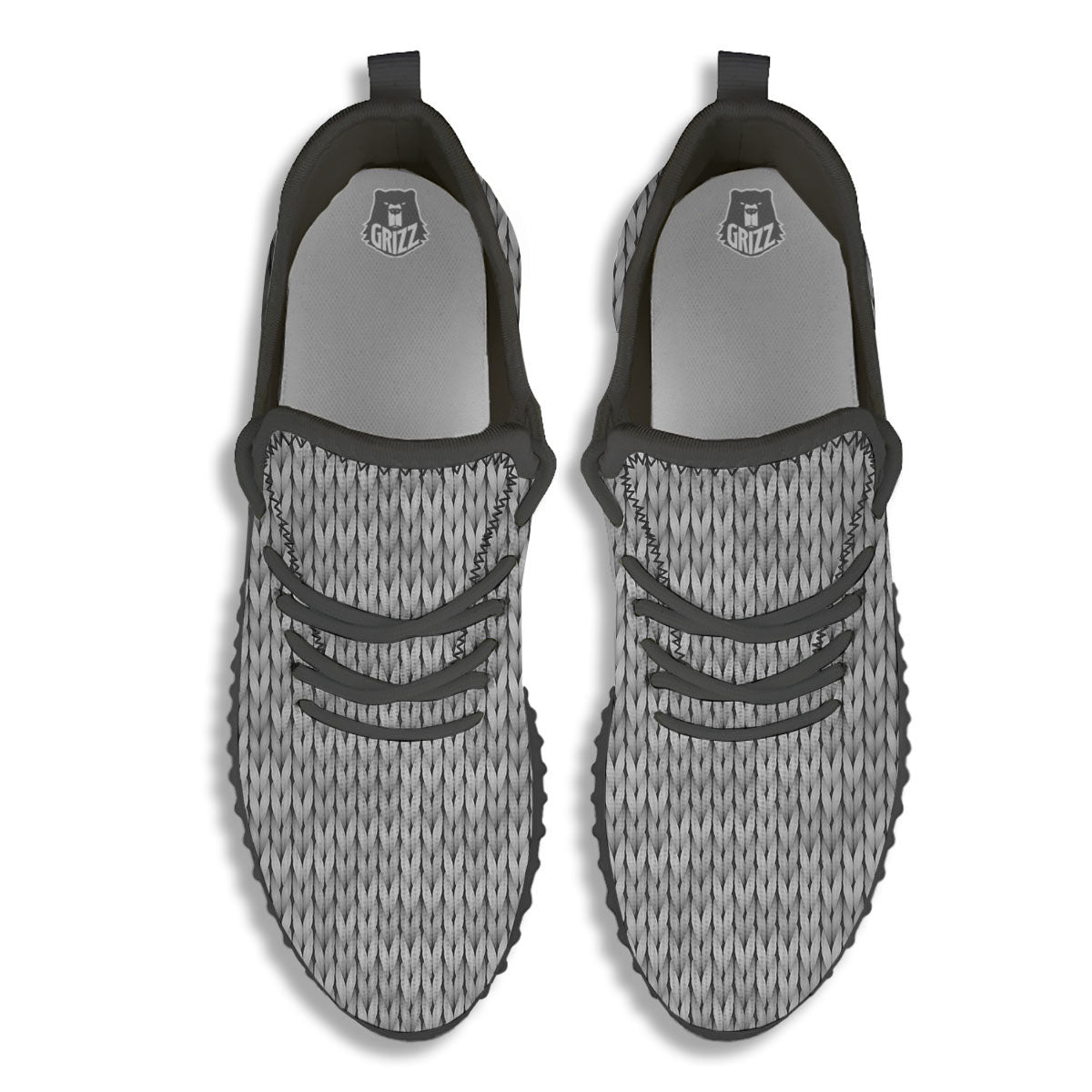 Knitted Grey Print Pattern Black Walking Shoes-grizzshop