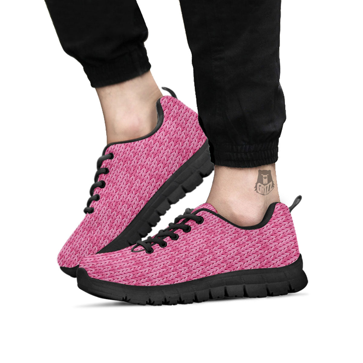 Knitted Pink Print Pattern Black Sneaker-grizzshop