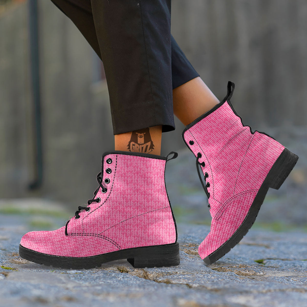 Knitted Pink Print Pattern Leather Boots-grizzshop