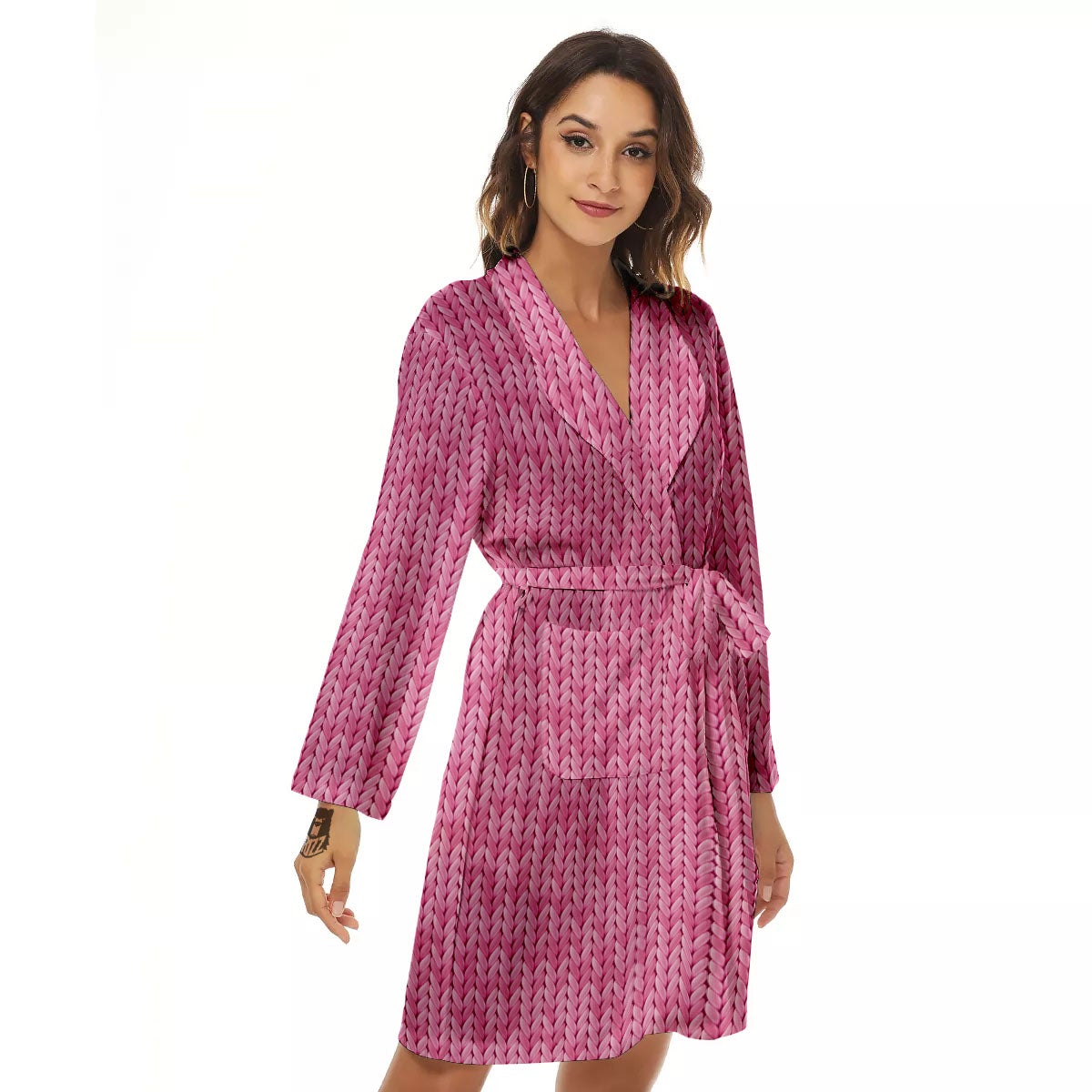 Knitted Pink Print Pattern Women's Robe-grizzshop