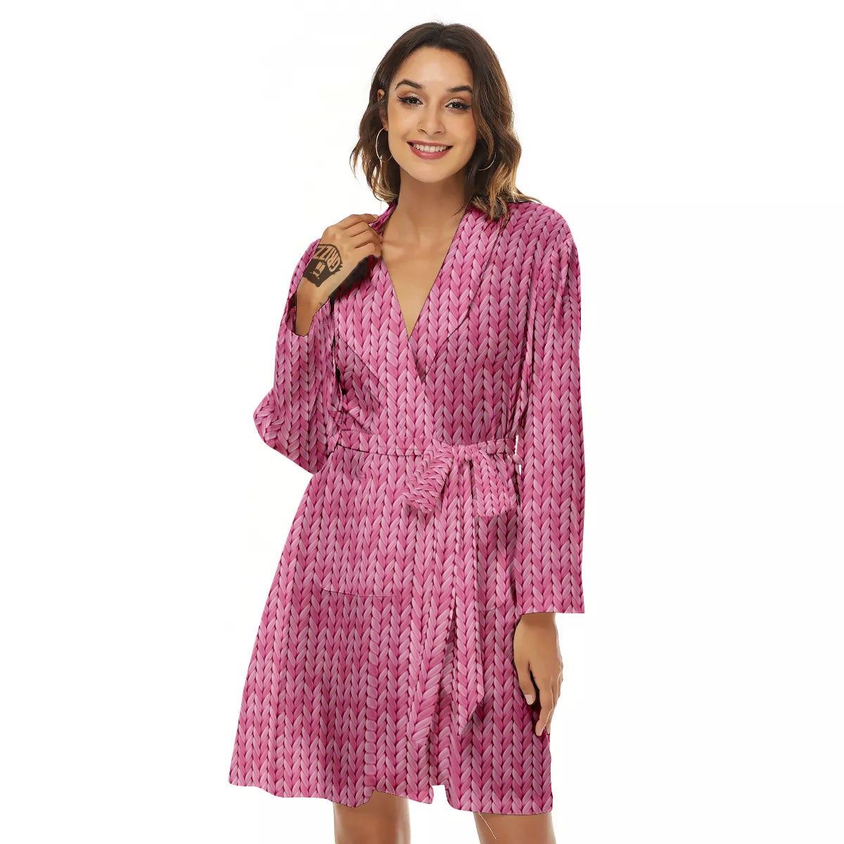 Knitted Pink Print Pattern Women's Robe-grizzshop